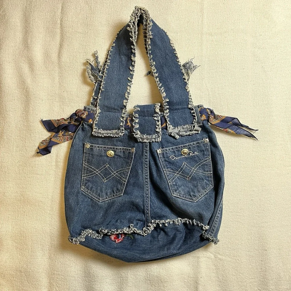 Vintage‎ Upcycled Denim Tote Bag Oscar de la Renta Logo Boho Hobo Style